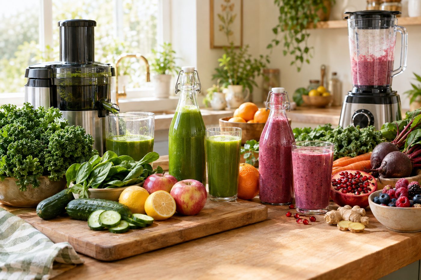 Fresh green juice, smoothies, a juicer and fresh fruits and vegetables on a kitchen counter
