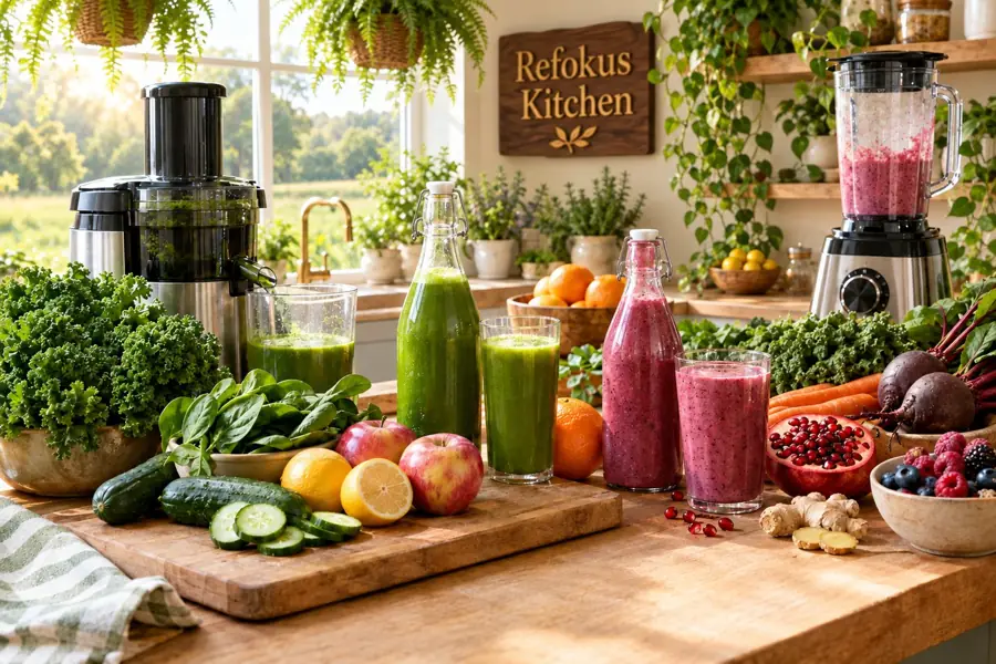 The Refokus Kitchen island with a cold-press juicer, a blender of berry smoothie, glasses and bottles of green and ruby juices, a cutting board with cucumbers, lemons and apples, kale, beets, carrots and berries, and a garden window behind