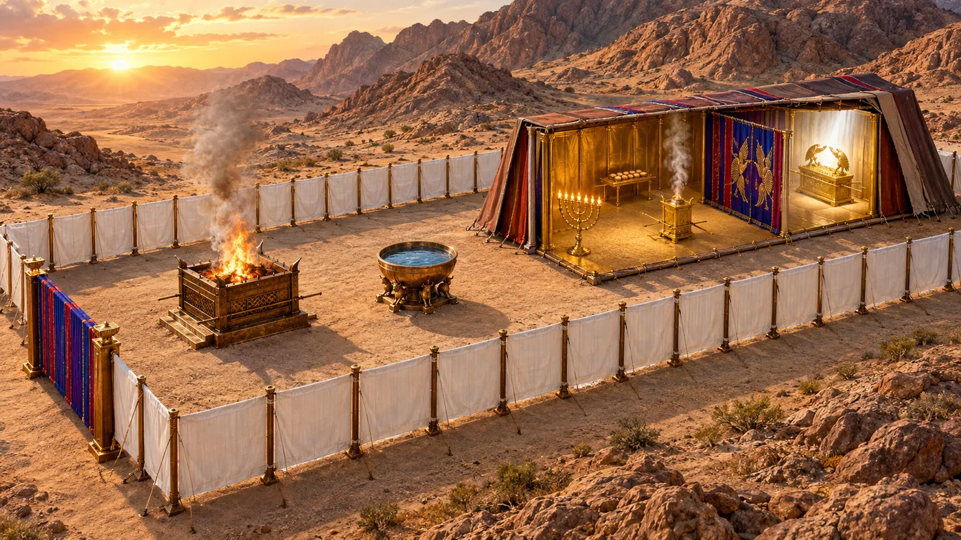 The wilderness sanctuary, with its courtyard, altar, laver, and the tent opened to show the Holy Place and the Most Holy Place