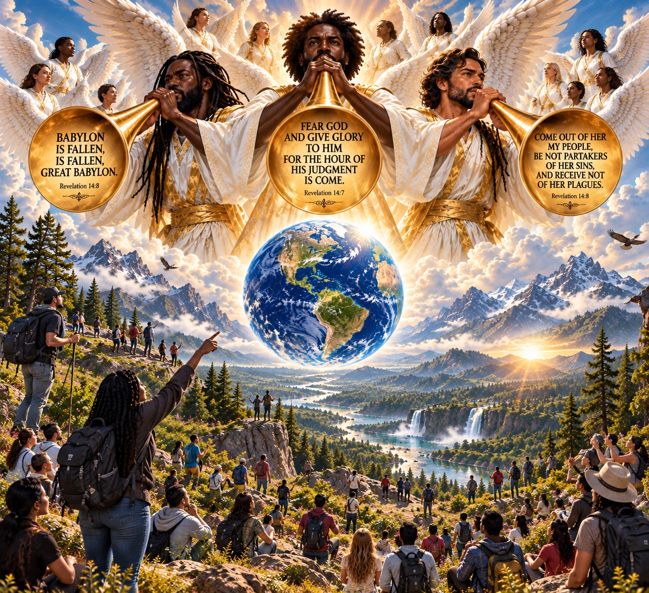 The Three Angels’ Messages of Revelation 14: three angels sounding golden trumpets inscribed with Revelation 14:7 and 14:8, surrounded by angels of heaven above the globe, while people from every nation gather in the mountains, forests and rivers below.