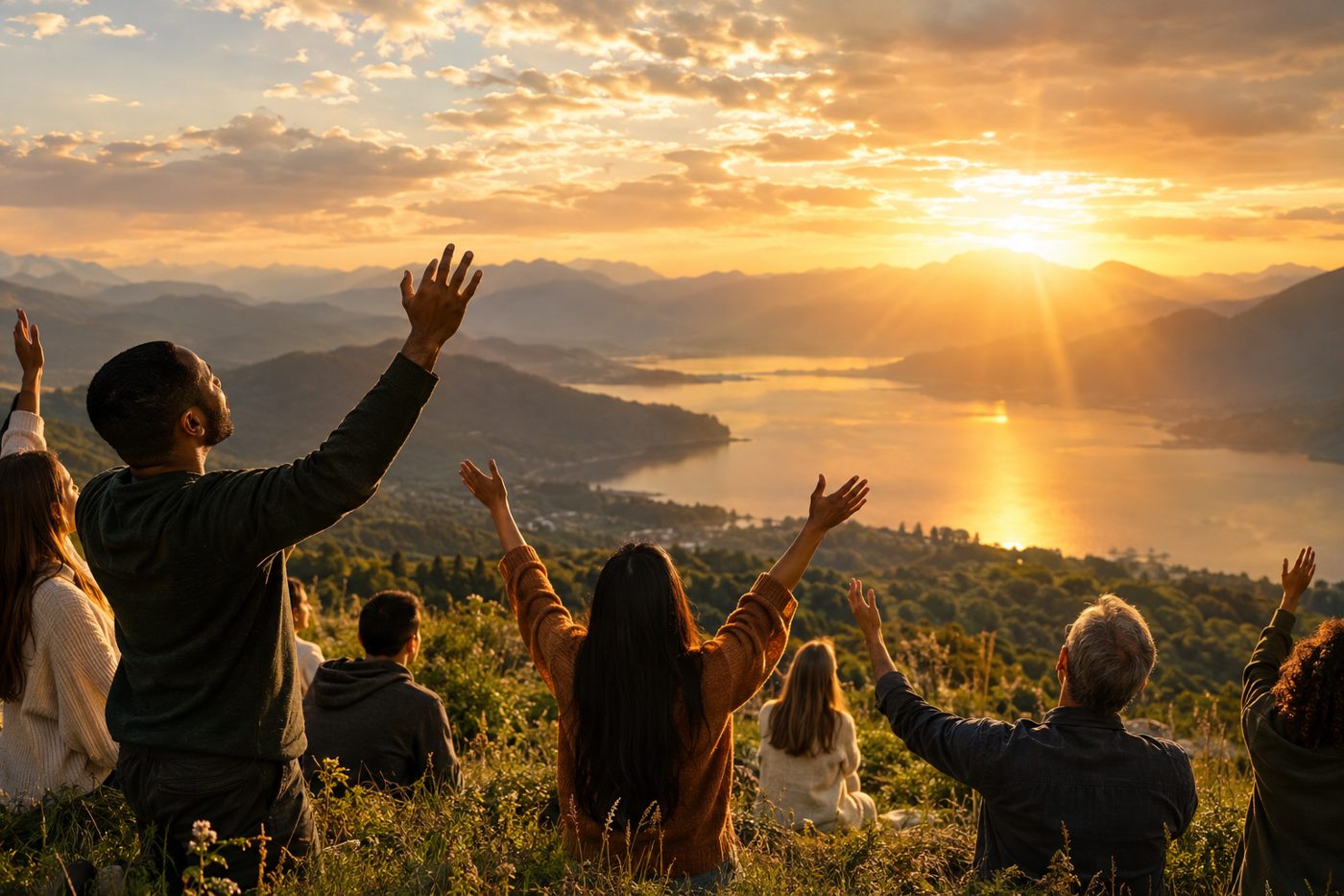 People raising hands in praise on a hilltop at golden sunrise